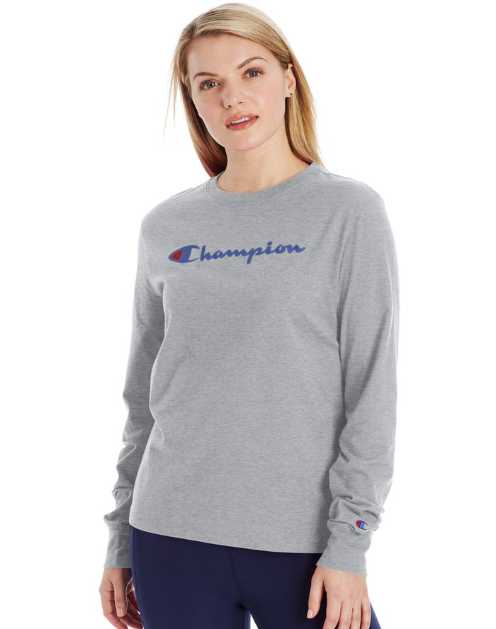 Camiseta Champion Mujer - Classic Long-Sleeve Script Logo ( Gris ) 5601432-DI